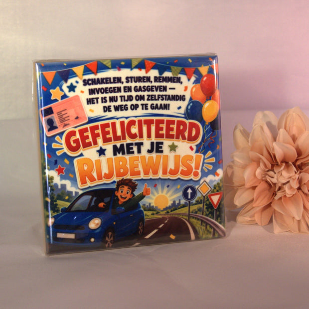 Keramisch tegeltje 'Gefeliciteerd met je rijbewijs!' met kleurrijke full color print – uniek cadeau geslaagd rijexamen