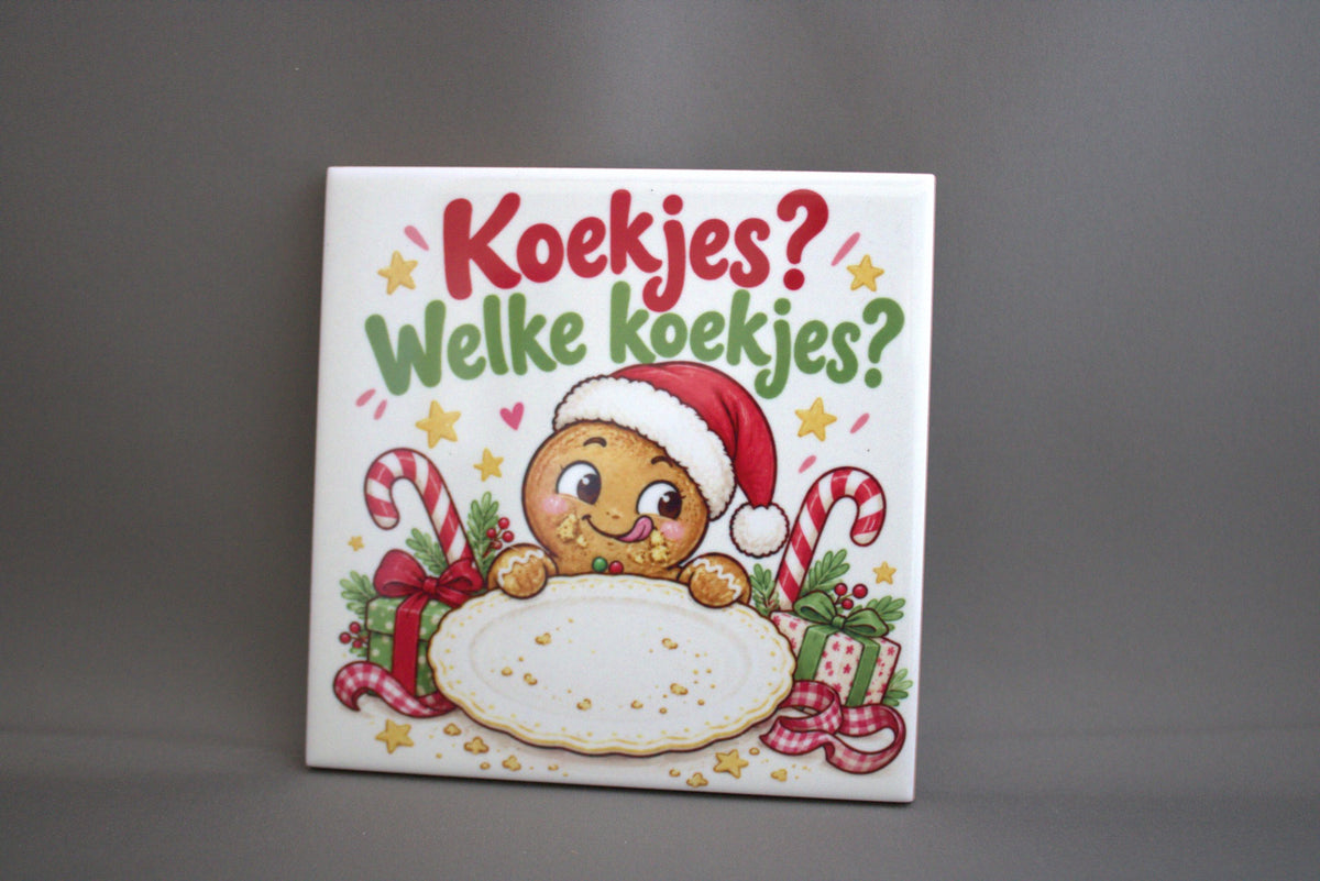 Keramisch kersttegeltje met tekst Koekjes Welke Koekjes, 10,8x10,8 cm – grappig kerstcadeau of kerstdecoratie