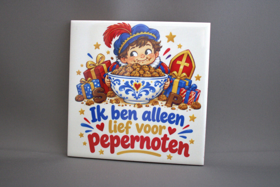 Keramisch Sinterklaas tegeltje Ik Ben Alleen Lief Voor Pepernoten, 10,8x10,8 cm – grappig schoencadeautje

