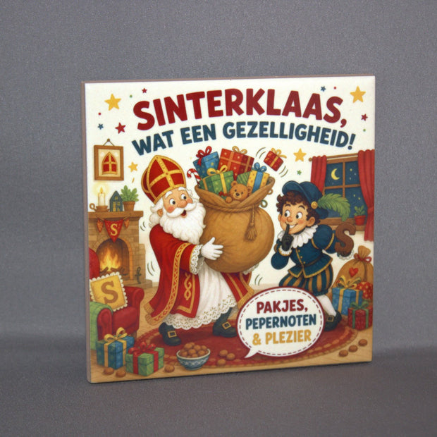 Keramisch tegeltje 'Sinterklaas, wat een gezelligheid! Pakjes, pepernoten & plezier' met kleurrijke Sinterklaasprint – sinterklaas cadeau