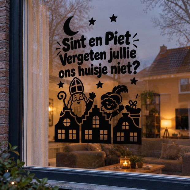 Zwarte Sinterklaas raamsticker met Sint en Piet en tekst "Vergeten jullie ons huisje niet?" op huiskamerraam – Shop V-Ric
