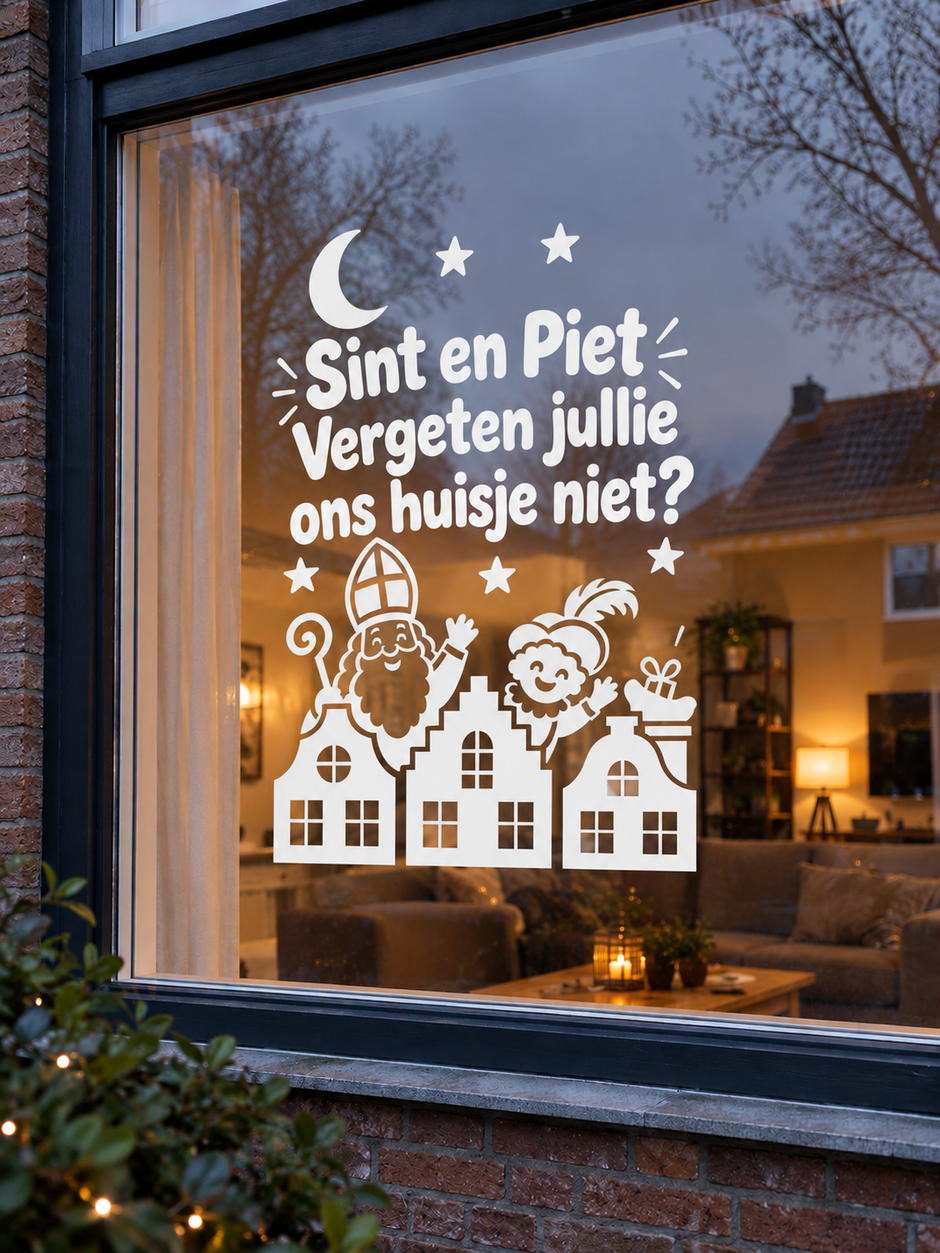 Witte Sinterklaas raamsticker met Sint en Piet en tekst 