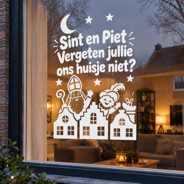 Witte Sinterklaas raamsticker met Sint en Piet en tekst "Vergeten jullie ons huisje niet?" op huiskamerraam – Shop V-Ric
