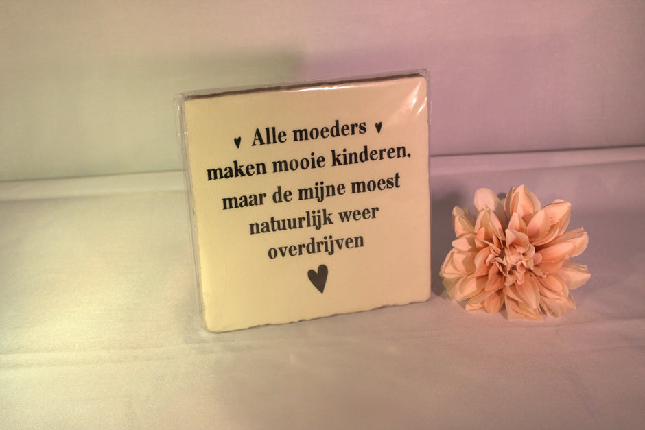 Keramisch tegeltje 'Alle moeders maken mooie kinderen, maar de mijne moest natuurlijk weer overdrijven' met hartjes – grappig moederdag cadeau