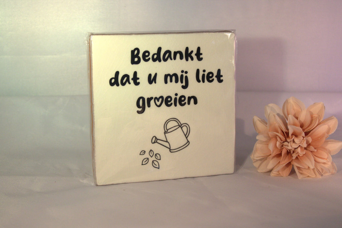 Keramisch tegeltje 'Bedankt dat u mij liet groeien' met gieter en blaadjes illustratie – afscheidscadeau voor juf