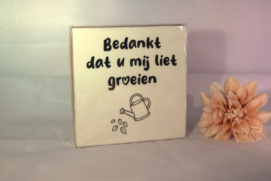 Keramisch tegeltje 'Bedankt dat u mij liet groeien' met gieter en blaadjes illustratie – afscheidscadeau voor juf