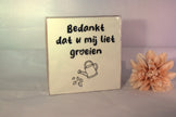 Keramisch tegeltje 'Bedankt dat u mij liet groeien' met gieter en blaadjes illustratie – afscheidscadeau voor juf