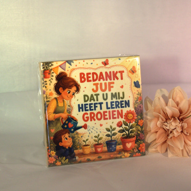 Keramisch tegeltje 'Bedankt juf, dat u mij heeft leren groeien' met juf en jongen illustratie – cadeau einde schooljaar