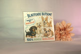 Keramisch tegeltje 'Blaffende Blitsem! Wanneer is het koekjestijd? 100% hondse gezelligheid' met vier schattige honden – grappig cadeau voor hondenfans