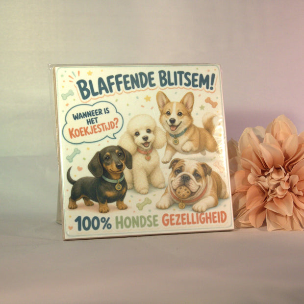 Keramisch tegeltje 'Blaffende Blitsem! Wanneer is het koekjestijd? 100% hondse gezelligheid' met vier schattige honden – grappig cadeau voor hondenfans