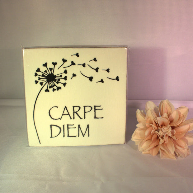 Keramisch tegeltje 'Carpe Diem' met paardenbloem illustratie en wegwaaiende hartjes – inspirerend pluk de dag cadeau