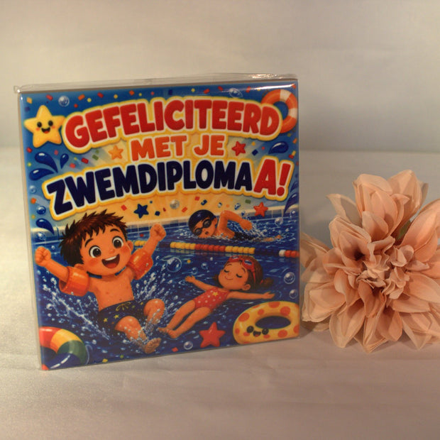 Keramisch tegeltje cadeau zwemdiploma A met tekst Hoera geslaagd - leuk cadeau voor zwemdiploma