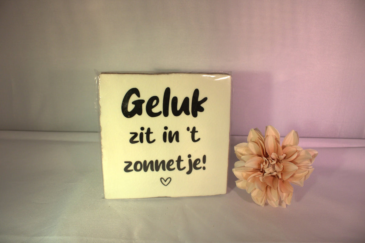 Vrolijk keramisch tegeltje met tekst Geluk zit in het zonnetje - vrolijk cadeau