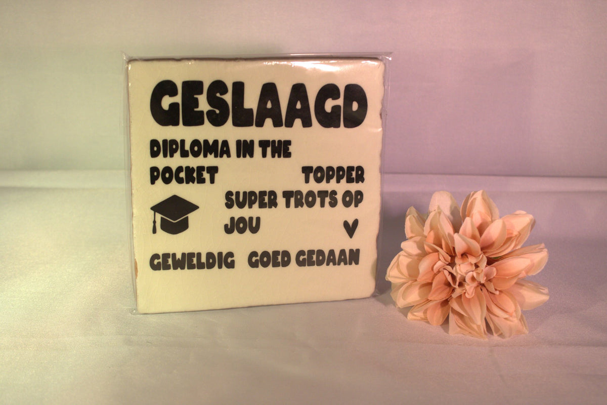 Keramisch tegeltje 'Geslaagd – diploma in the pocket, topper, super trots op jou, geweldig goed gedaan' met afstudeerhoed – feestelijk geslaagd cadeau