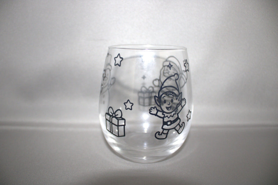 Transparant glas met kerst sneeuw afbeelding kerstelfe en sterren – feestelijk drinkglas of waxinelichtje kerstdecoratie

