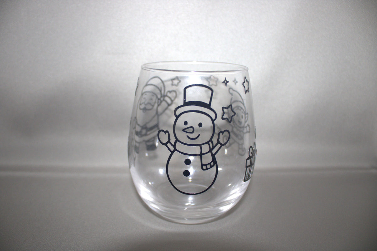 Transparant glas met kerst sneeuw afbeelding sneeuwpop met hoge hoed – feestelijk drinkglas of waxinelichtje kerstdecoratie
