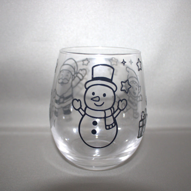 Transparant glas met kerst sneeuw afbeelding sneeuwpop met hoge hoed – feestelijk drinkglas of waxinelichtje kerstdecoratie
