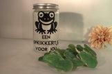 Glazen snoeppotje met kikker illustratie en tekst 'Een opkikkertje voor jou' gevuld met Haribo kikkers – leuk beterschap cadeau