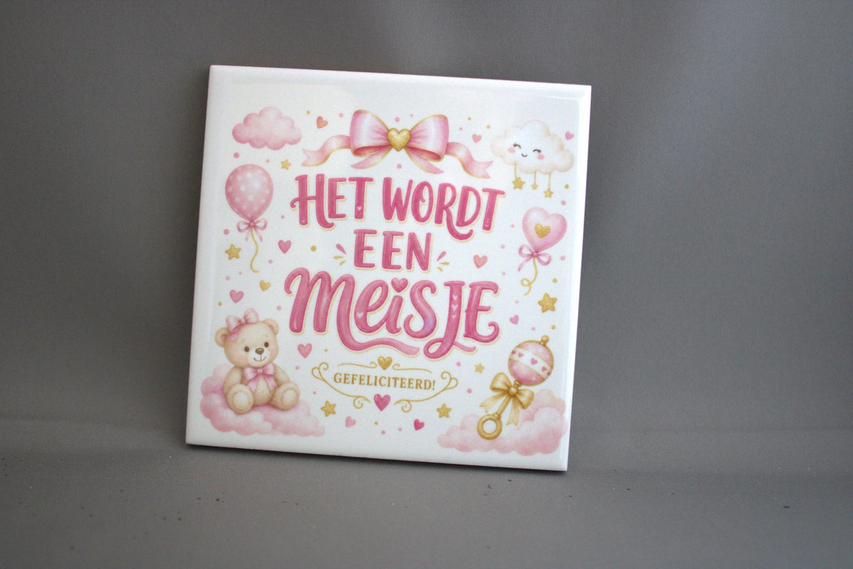 Keramisch tegeltje Het Wordt Een Meisje met roze teddybeer, ballonnen en strik – cadeau zwangerschapsaankondiging of gender reveal meisje


