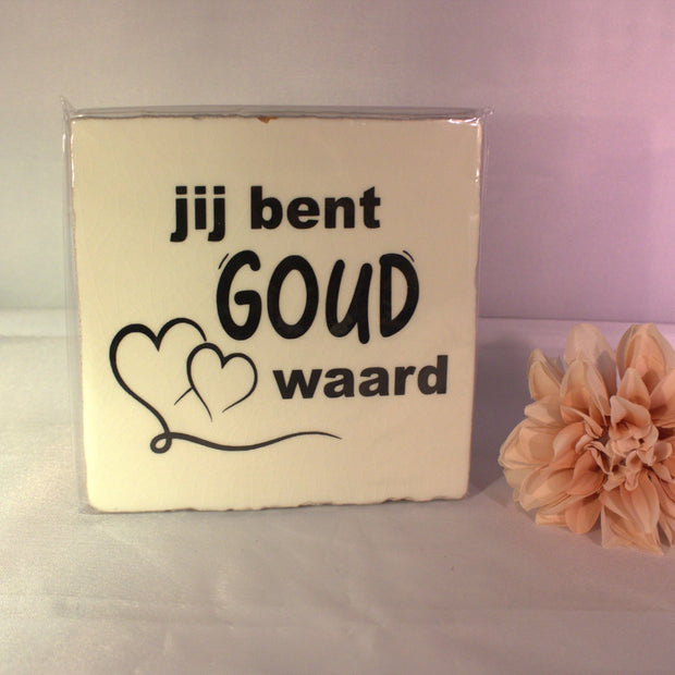 Keramisch tegeltje 'Jij bent goud waard' met twee hartjes illustratie – liefdevol bedankje cadeau