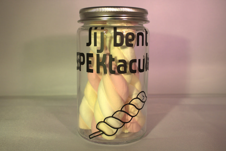 Glazen spekjespot met tekst Jij bent SPEKtaculair - leuk cadeau voor juf of meester