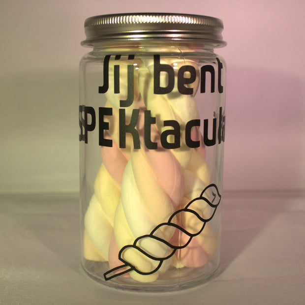 Glazen spekjespot met tekst Jij bent SPEKtaculair - leuk cadeau voor juf of meester
