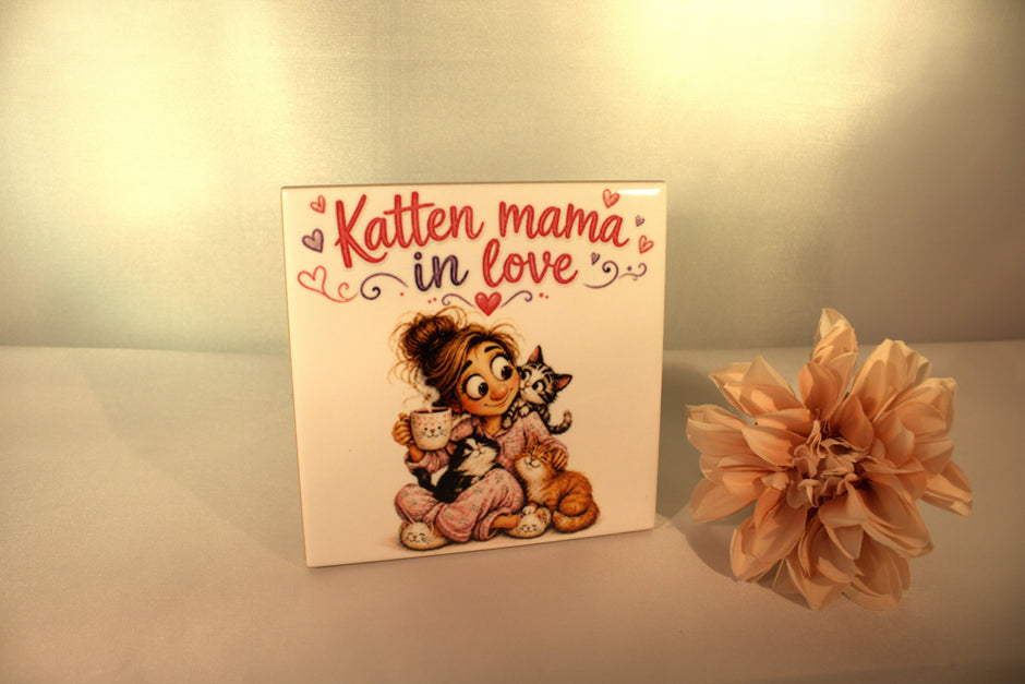 Keramisch tegeltje Katten Mama In Love met meisje in pyjama omringd door katten en kopje thee – cadeau voor kattenliefhebbers

