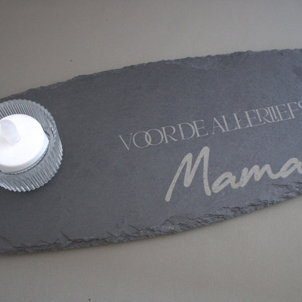 Leisteen plankje Voor de Allerliefste Mama met glazen waxinelichthouder en LED-lampje – sfeervol Moederdag cadeau

