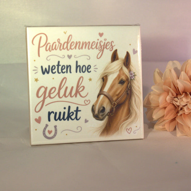 Keramisch tegeltje 'Paardenmeisjes weten hoe geluk ruikt' met paard en hartjes print – cadeau voor paardenfan