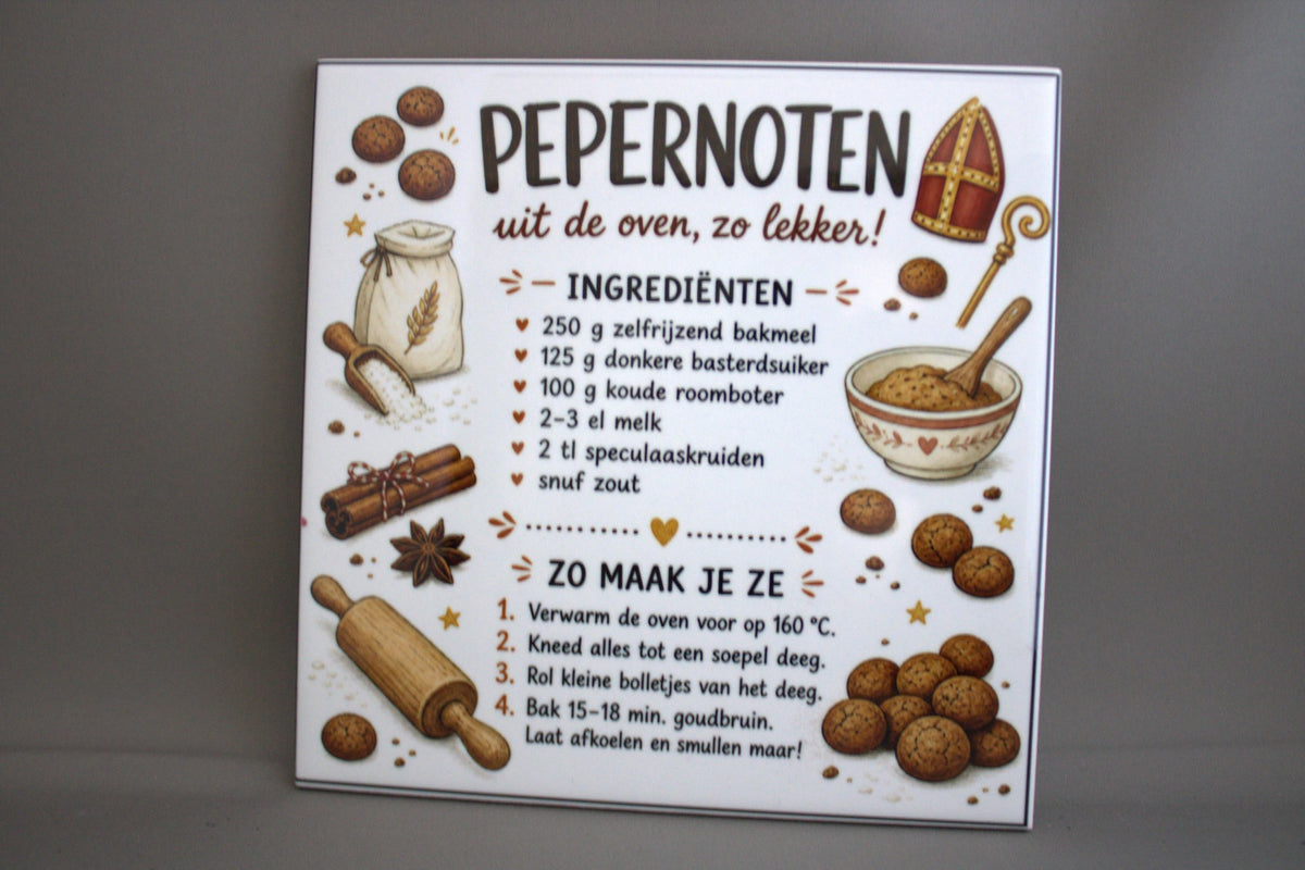 Keramisch tegeltje met pepernoten recept 'Uit de oven, zo lekker!' met ingrediënten en bereiding – uniek sinterklaas cadeau en decoratie
