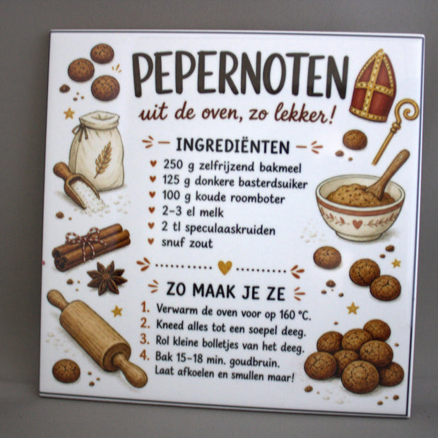 Keramisch tegeltje met pepernoten recept 'Uit de oven, zo lekker!' met ingrediënten en bereiding – uniek sinterklaas cadeau en decoratie