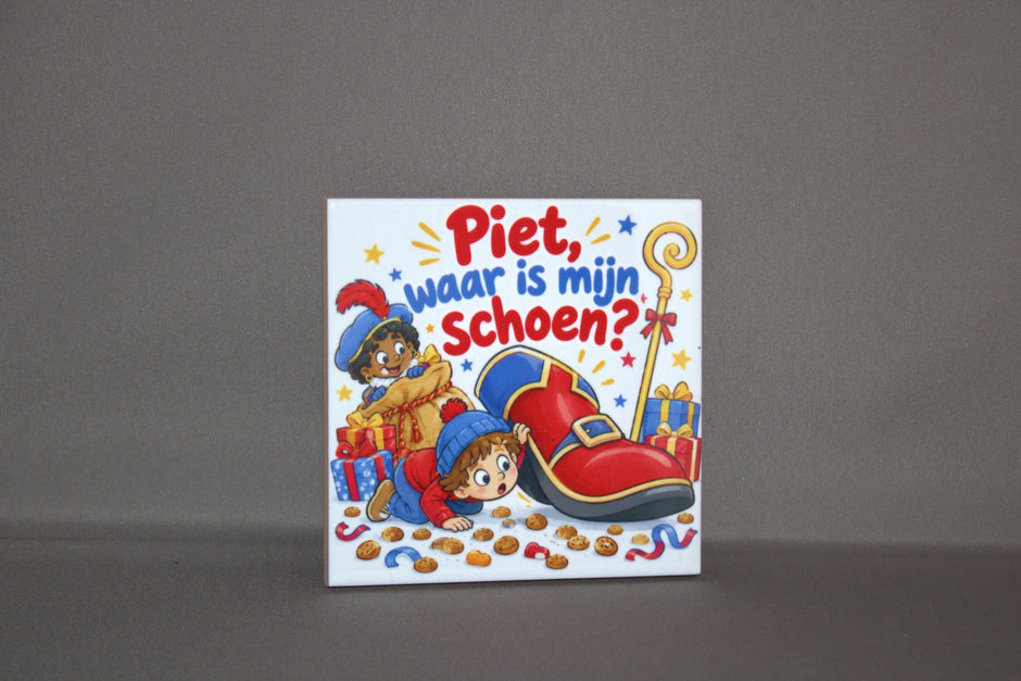 Keramisch Sinterklaas tegeltje Piet Waar Is Mijn Schoen, 10,8x10,8 cm – sfeervolle decoratie of schoencadeautje