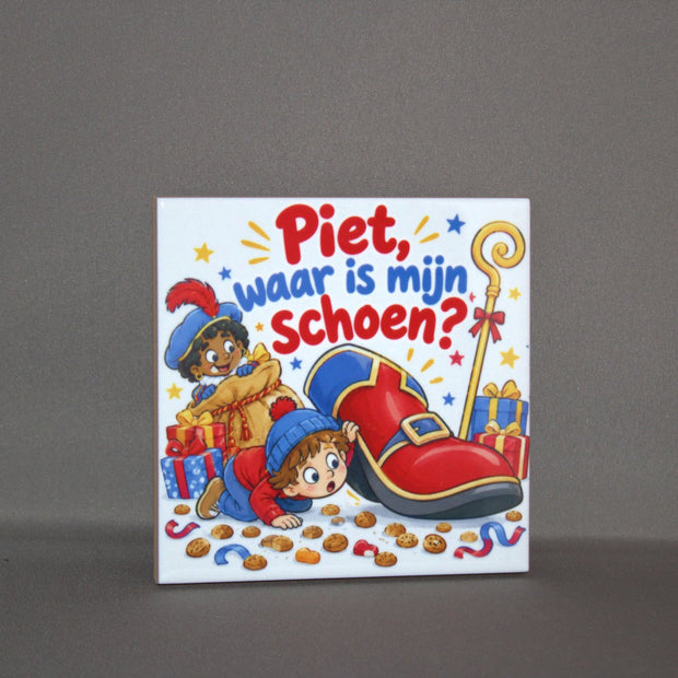 Keramisch Sinterklaas tegeltje Piet Waar Is Mijn Schoen, 10,8x10,8 cm – sfeervolle decoratie of schoencadeautje