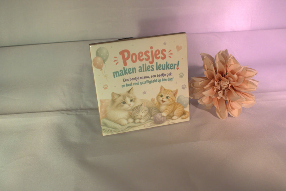 Full color keramisch tegeltje 'Poesjes maken alles leuker! Een beetje miauw, een beetje gek, en heel veel gezelligheid op één dag!' met schattige kittens – lief katten cadeau