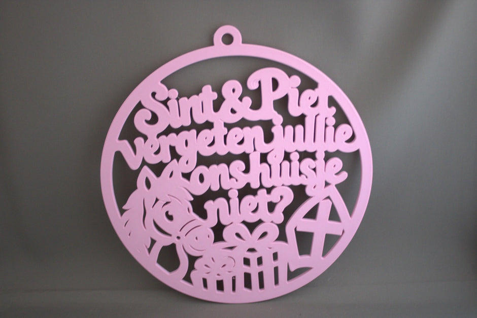 Roze ronde raamhanger Sint en Piet vergeten jullie ons huisje niet met paard en cadeautjes – Sinterklaas raamdecoratie
