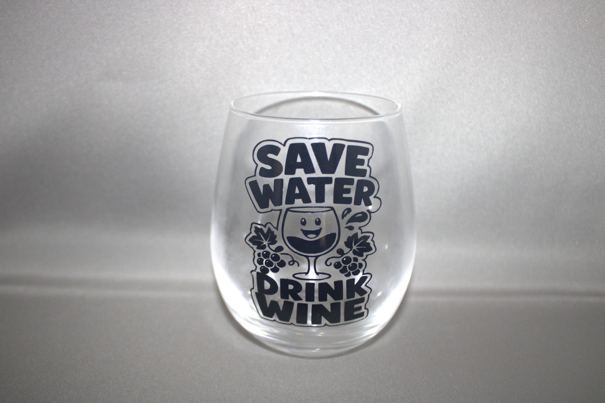Grappig drinkglas Save Water Drink Wine met lachend wijnglas en druiven – leuk cadeau voor wijnliefhebbers

