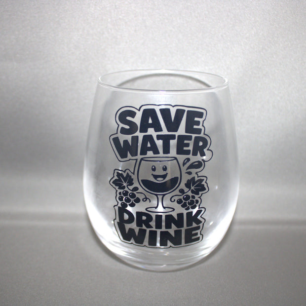 Grappig drinkglas Save Water Drink Wine met lachend wijnglas en druiven – leuk cadeau voor wijnliefhebbers

