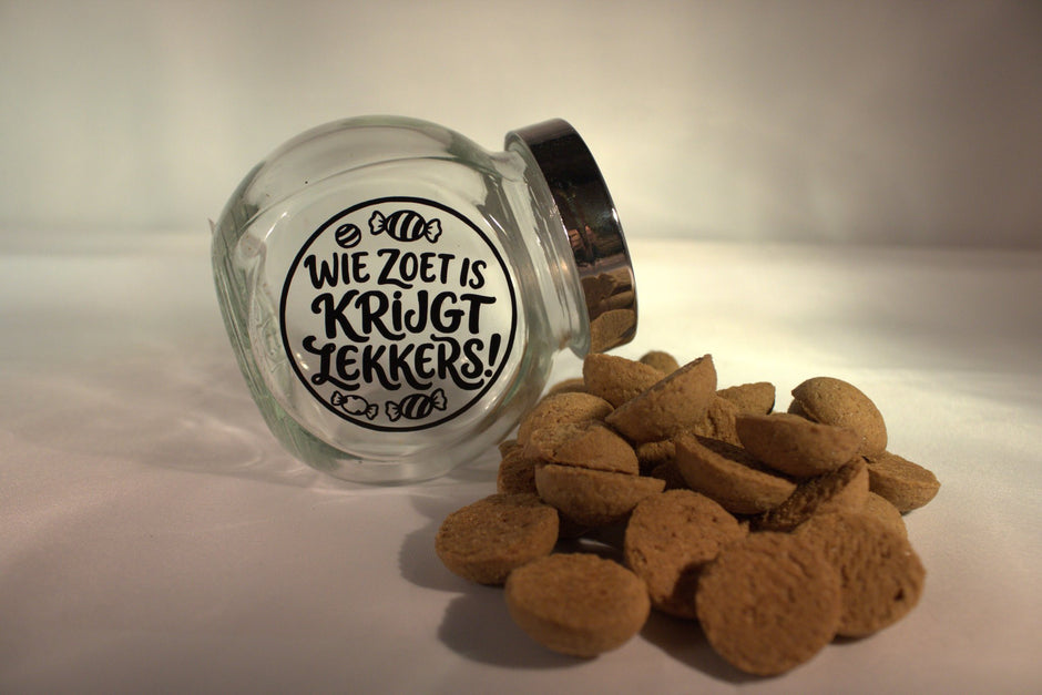 Sinterklaas pepernoten potje met tekst Wie zoet is krijgt lekkers - sinterklaascadeau