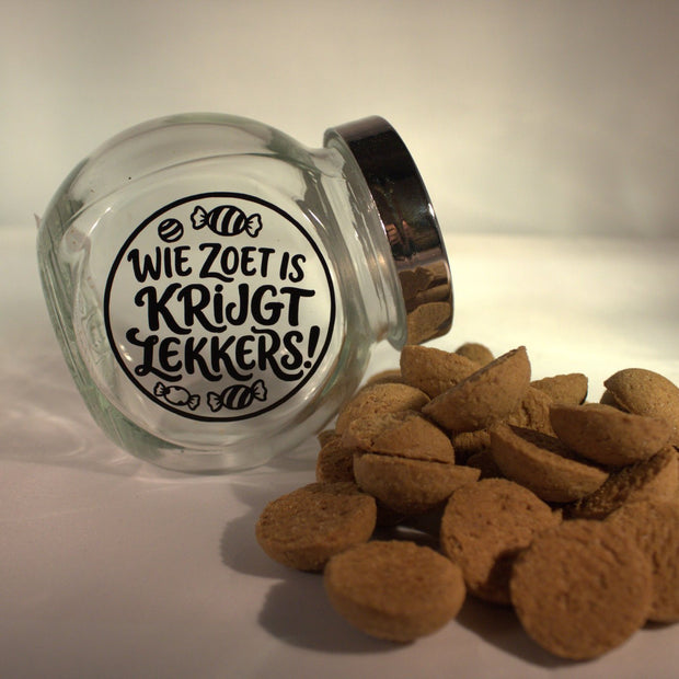 Sinterklaas pepernoten potje met tekst Wie zoet is krijgt lekkers - sinterklaascadeau