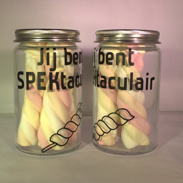 Glazen spekjespot met tekst Jij bent SPEKtaculair - leuk cadeau voor juf of meester