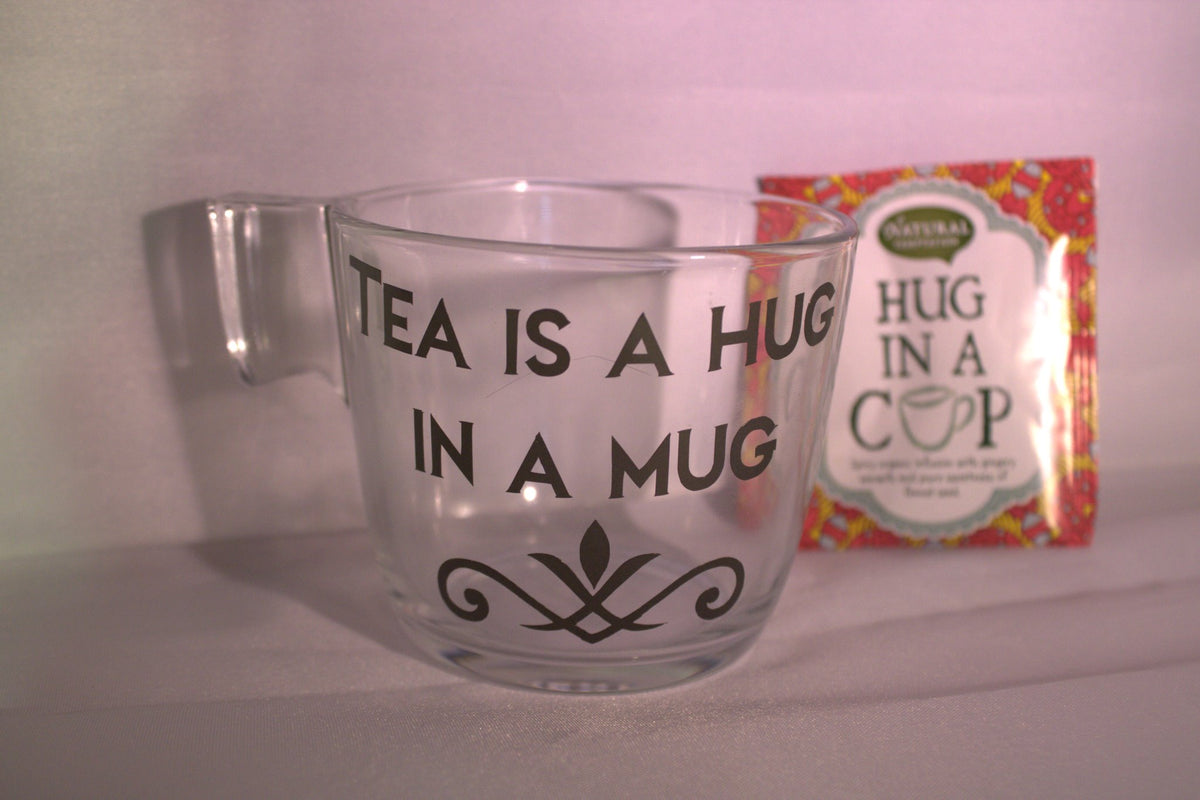 Luxe theeglas met tekst Tea is a hug in a mug - cadeauset voor theeliefhebber