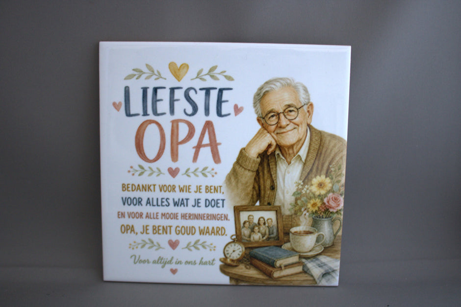 Keramisch tegeltje Liefste Opa Je Bent Goud Waard met illustratie van opa bloemen en familiefoto – cadeau opa verjaardag of Vaderdag

