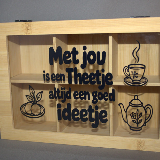 Houten theedoos met gravure Met Jou Is Een Theetje Altijd Een Goed Ideetje – sfeervol cadeau voor theeliefhebbers

