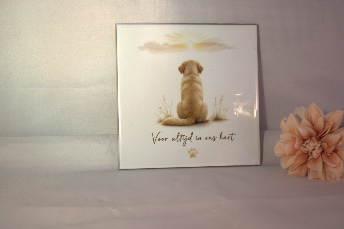 Keramisch herdenkingstegeltje 'Voor altijd in ons hart' met serene hond illustratie en pootafdruk – liefdevol rouwcadeau bij verlies huisdier