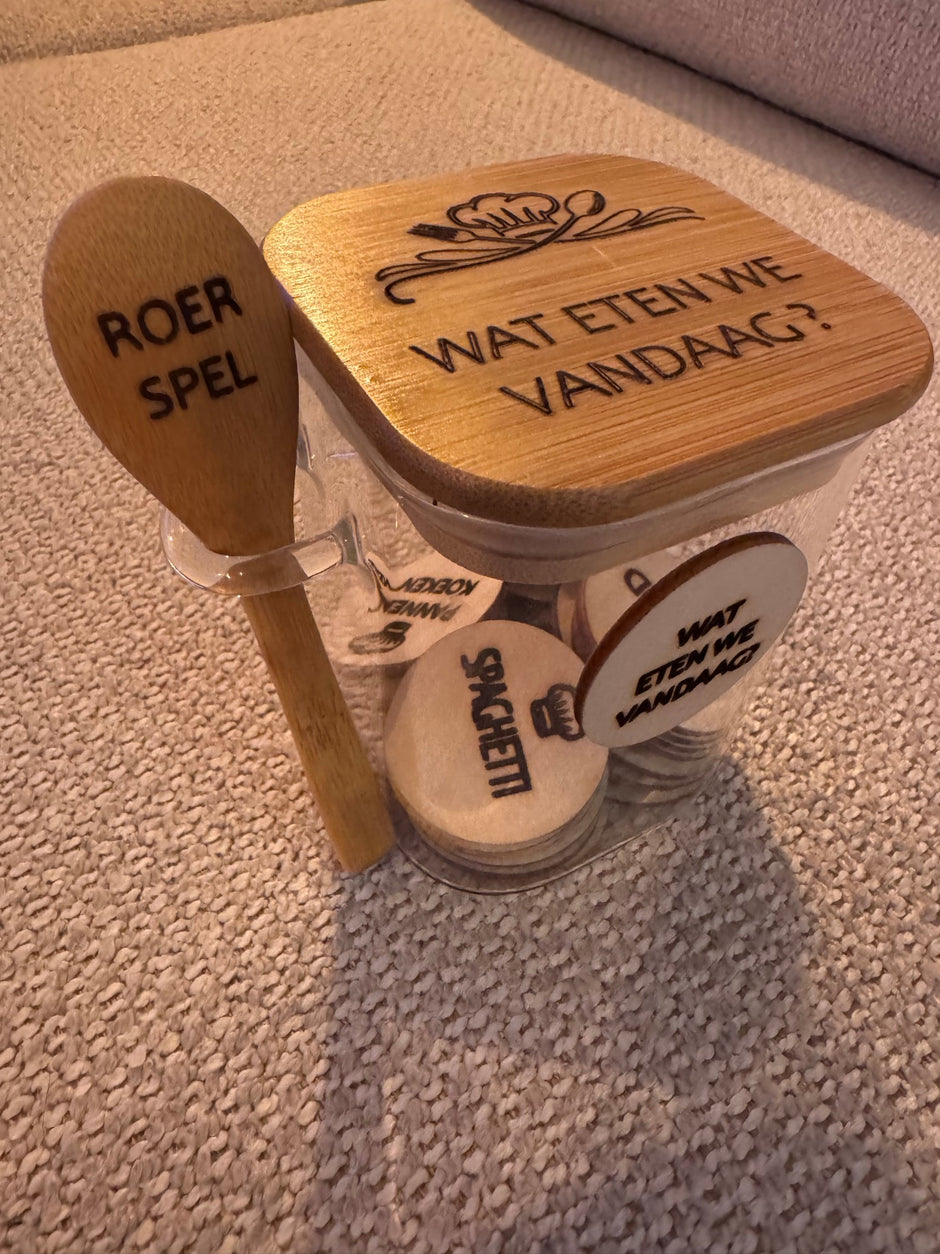 Wat eten we vandaag?' met 30 houten fiches en roerlepel – grappig eetkeuze spel als cadeau