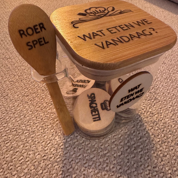 Wat eten we vandaag?' met 30 houten fiches en roerlepel – grappig eetkeuze spel als cadeau