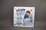 Keramisch tegeltje Welkom Baby Kleine Handjes Grote Liefde met grote broer bij wieg en teddybeer in blauw – persoonlijk kraamcadeau jongen


