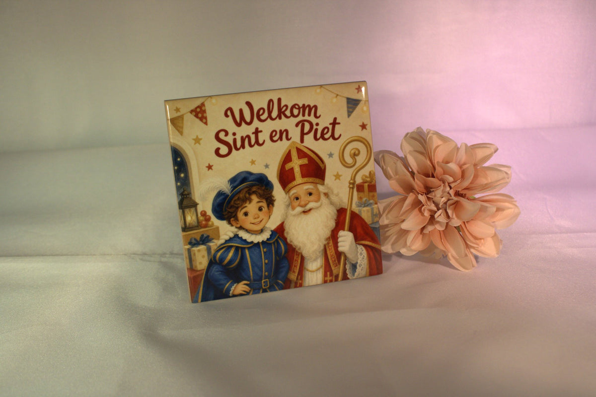 Full color keramisch tegeltje 'Welkom Sint en Piet' met Sint en Piet illustratie – feestelijke sinterklaas decoratie cadeau