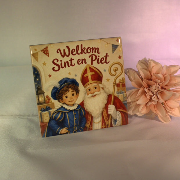 Full color keramisch tegeltje 'Welkom Sint en Piet' met Sint en Piet illustratie – feestelijke sinterklaas decoratie cadeau