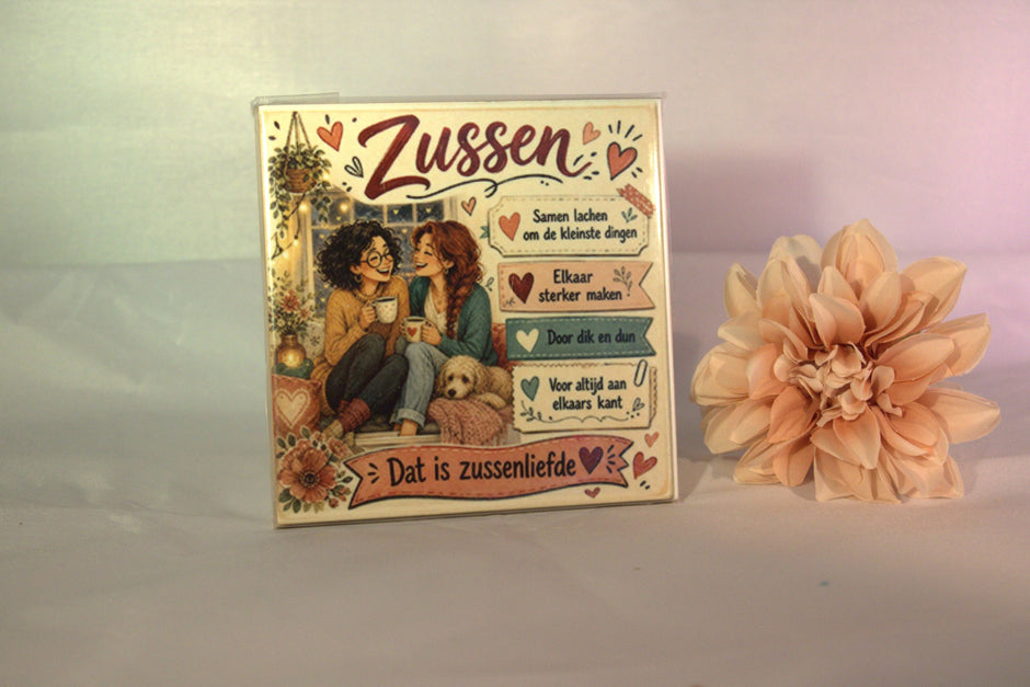Keramisch tegeltje 'Zussen – dat is zussenliefde' met twee zussen illustratie en lieve teksten – uniek cadeau voor je zus